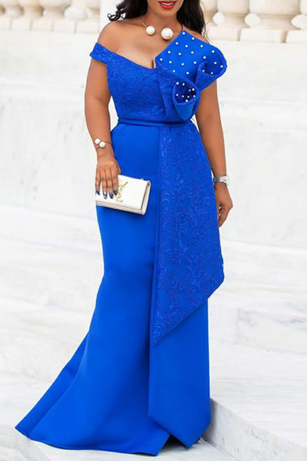 

Lovely Party Ruffle Design Blue Trailing Evening Dress