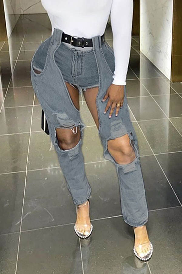 

Lovely Trendy Hollow-out Baby Blue Jeans