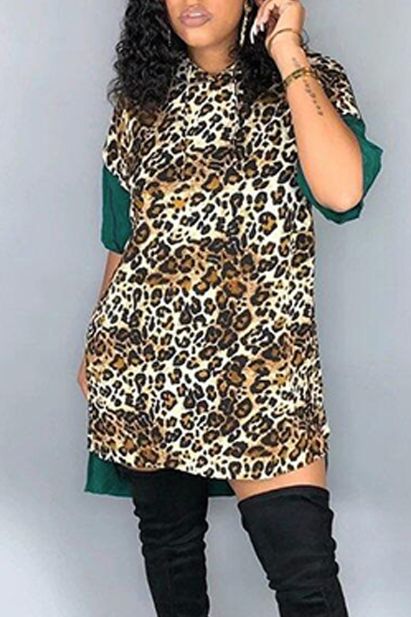 

Lovely Stylish Patchwork Leopard Blackish Green Mini Dress, Black green