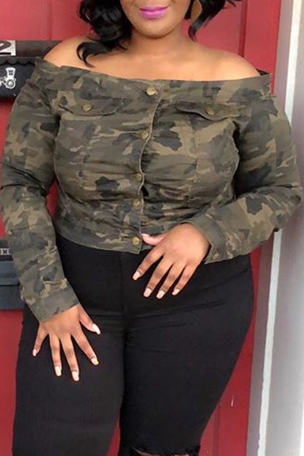 

Lovely Casual Camo Print Army Green Plus Size Blouse, Army green camouflag