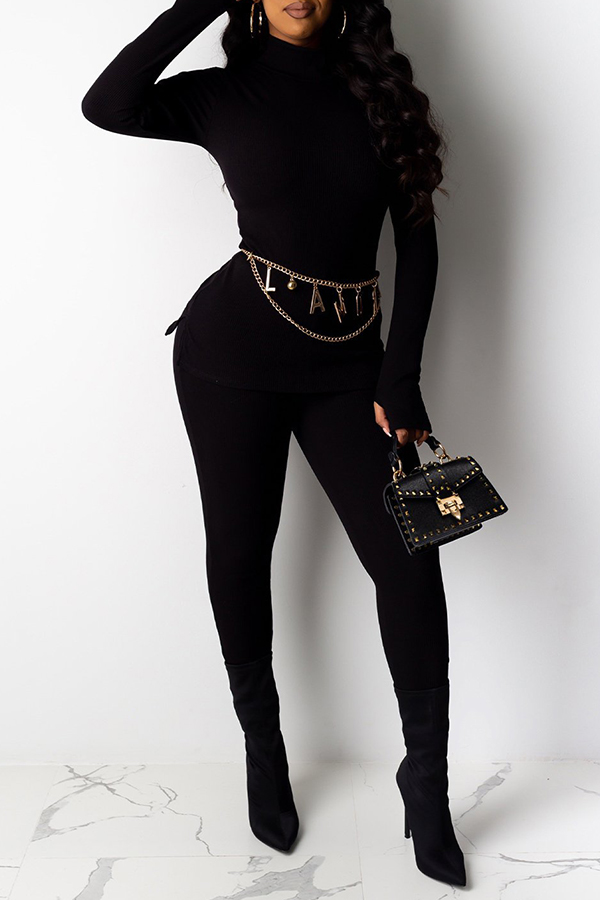 

Lovely Casual Turtleneck Basic Black Two-piece Pants Set