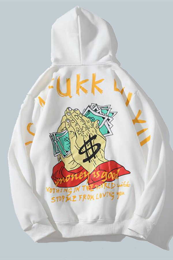

Lovely Street Hooded Collar Print White Hoodie