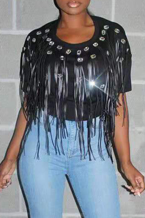 

Lovely Casual Tassel Design Black T-shirt