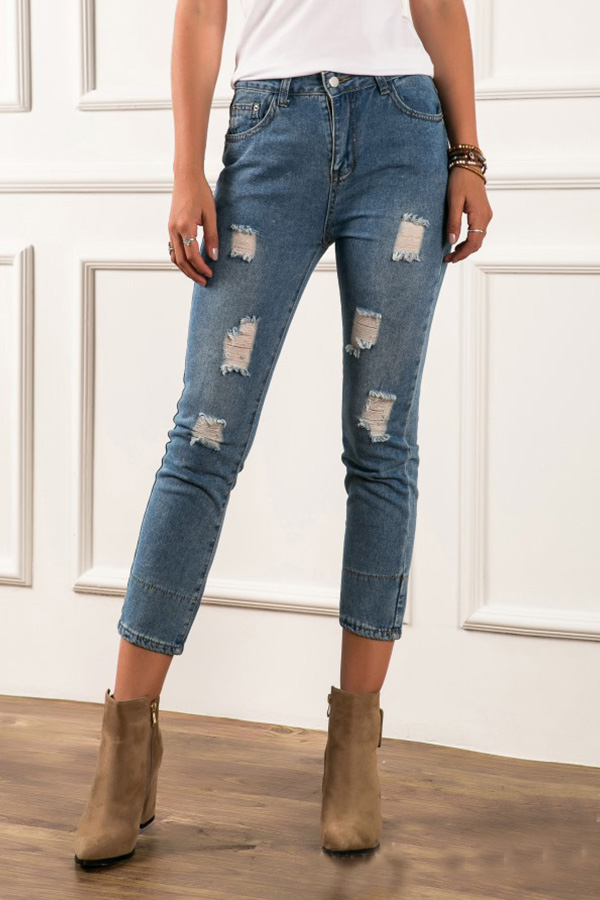 

Lovely Casual Broken Holes Baby Blue Jeans