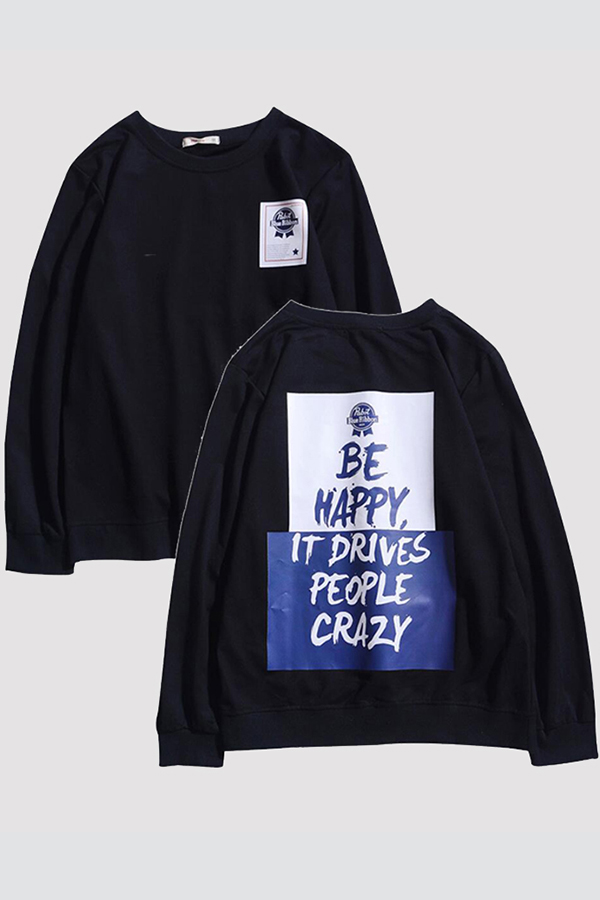 

Lovely Trendy O Neck Print Black Hoodie