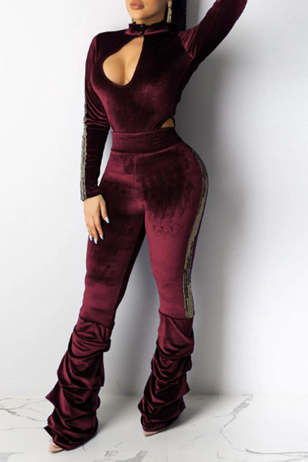 

Lovely Stylish Hollow-out Wine Red One-piece Jumpsuit