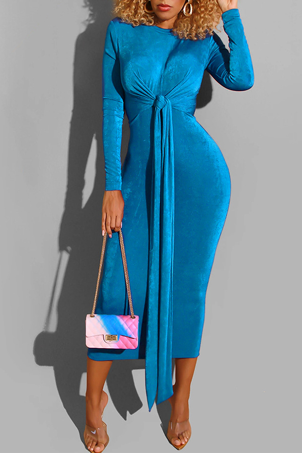 

Lovely Trendy O Neck Knot Design Blue Mid Calf Dress