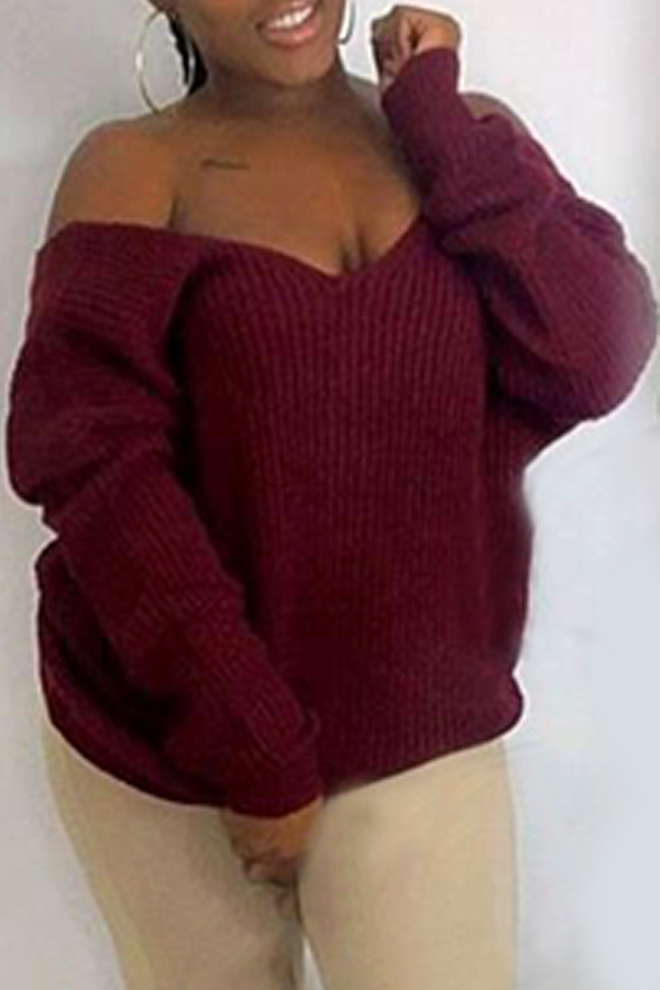 

Lovely Casual V Neck Wine Red Sweater