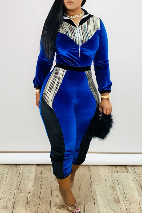 

Lovely Stylish Patchwork Blue One-piece Jumpsuit