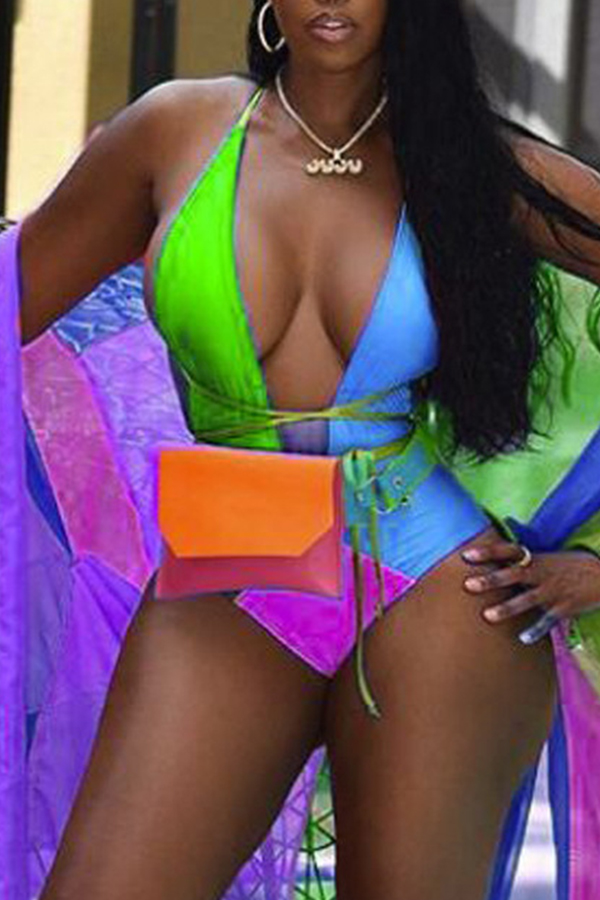 

Lovely Color-lump Patchwork Purple Plus Size One-piece Swimsuit