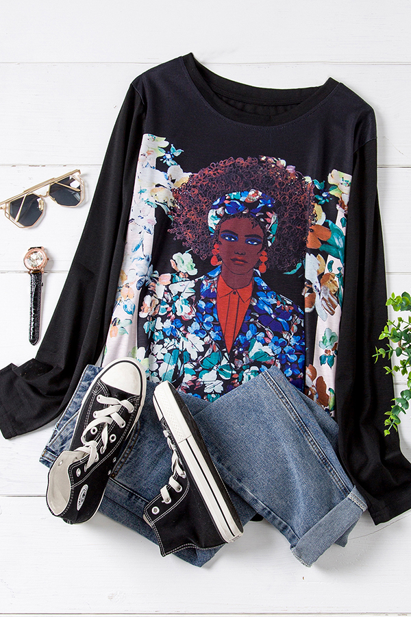 

Lovely Stylish O Neck Print Black Plus Size T-shirt