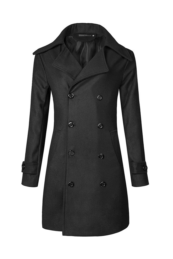 

Lovely Casual Turndown Collar Buttons Design Black Trench Coat