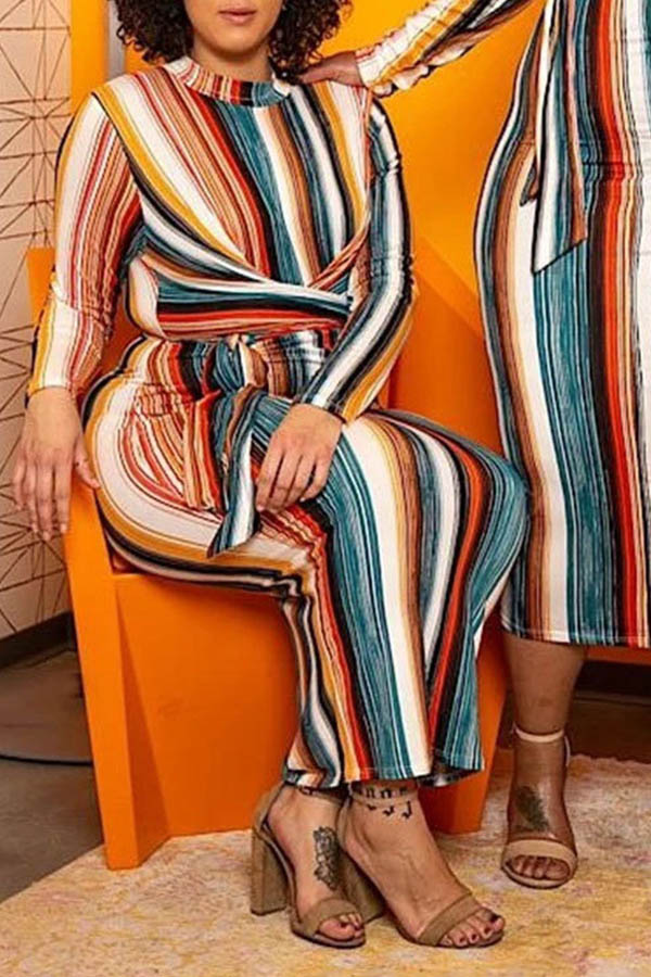 

Lovely Casual Striped Multicolor Mid Calf Plus Size Dress, Multicolor mstn