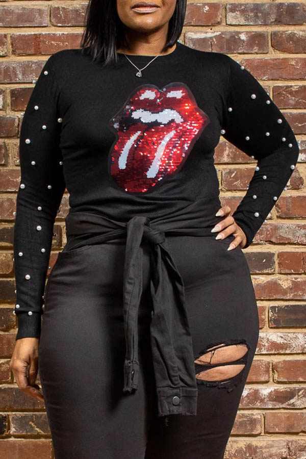 

Lovely Casual Lip Print Black Plus Size T-shirt
