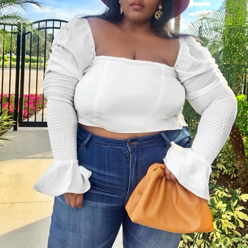 

Lovely Casual O Neck Flounce White Plus Size Blouse