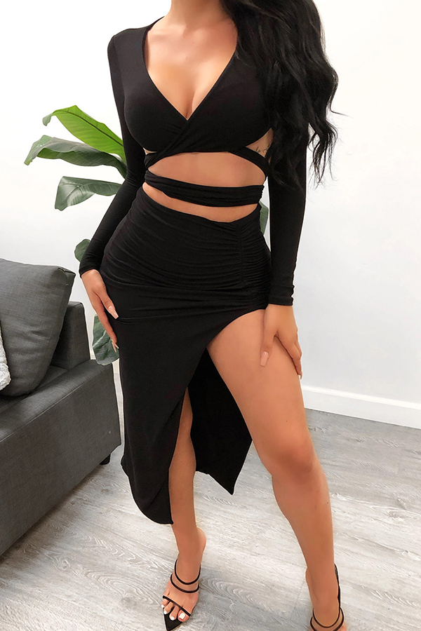 

Lovely Sexy V Neck Hollow-out Black Two-piece Skirt Set