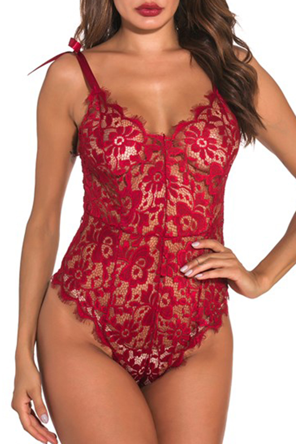 

Lovely Sexy Lace Hollow-out Wine Red Teddies