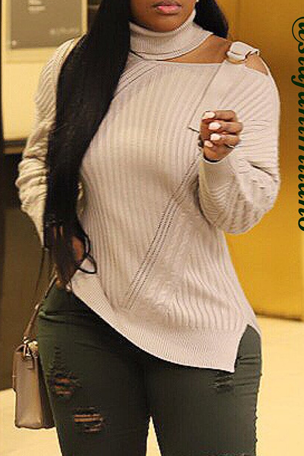 Lovely Casual Turtleneck Hollow-out Beige Sweater