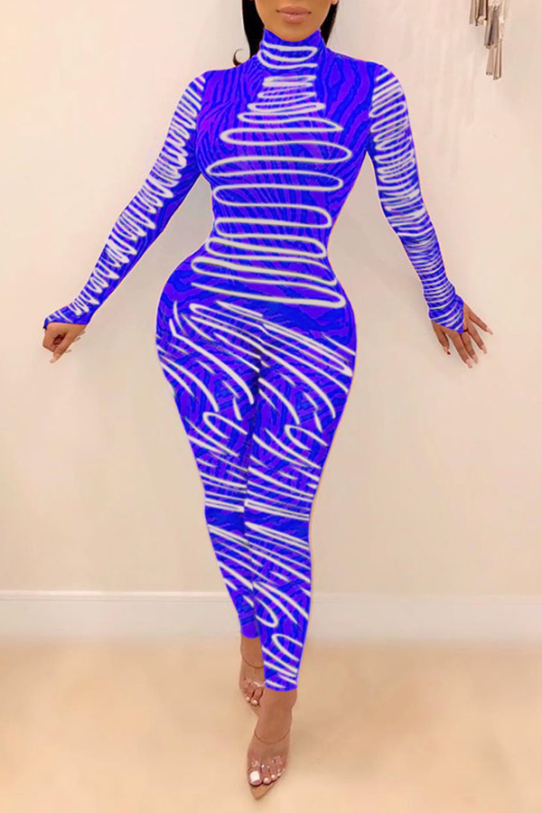

Lovely Chic Print Skinny Blue One-piece Jumpsuit