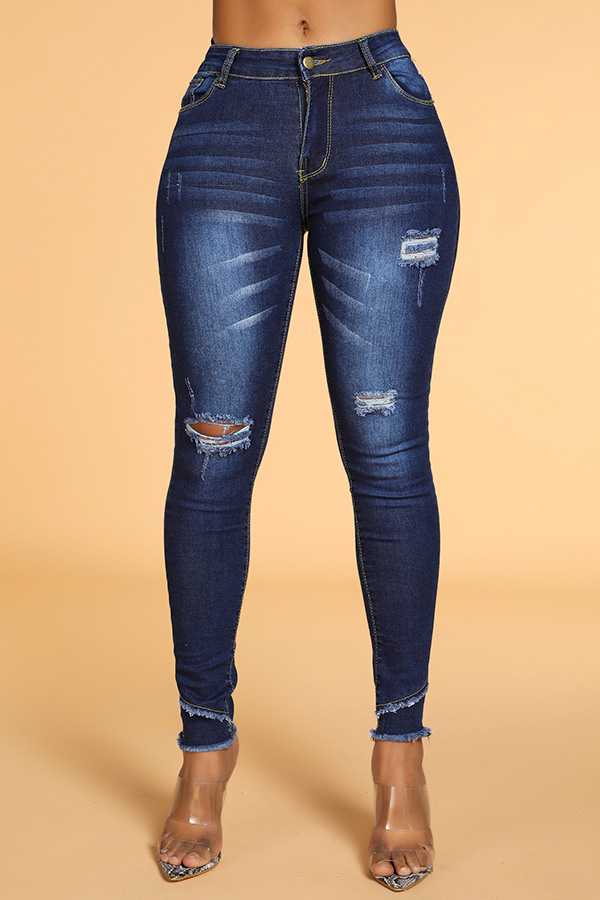 Lovely Casual Broken Holes Deep Blue Jeans
