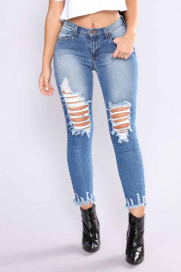 

Lovely Casual Hollow-out Baby Blue Jeans