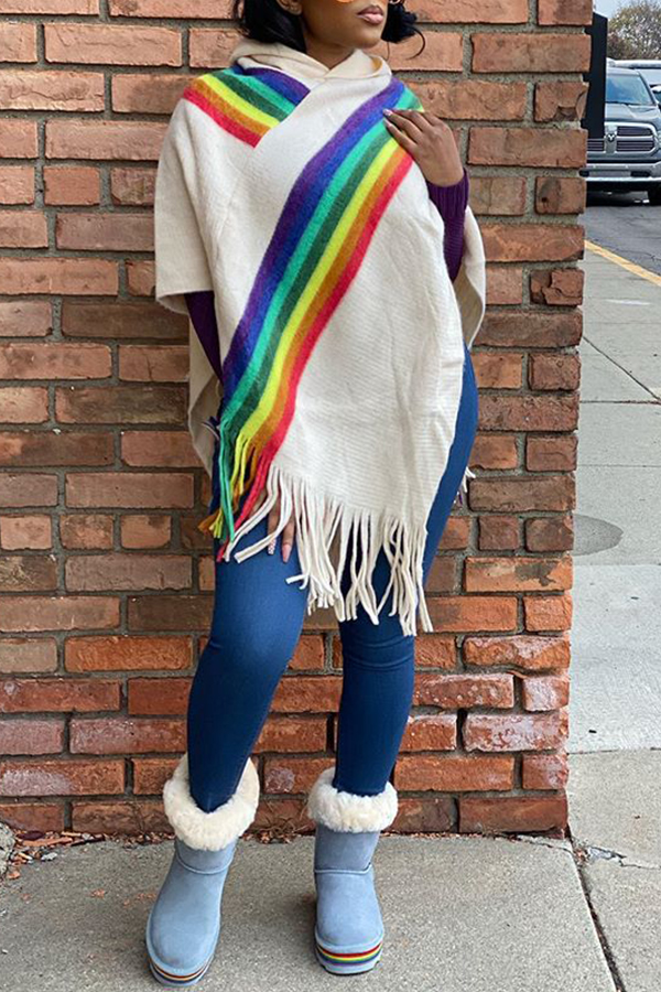 

Lovely Leisure Rainbow Striped Tassel Beige Sweater