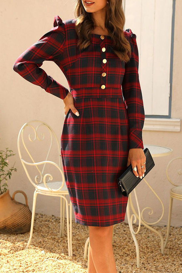 

Lovely Sweet Plaid Print Red Knee Length Dress