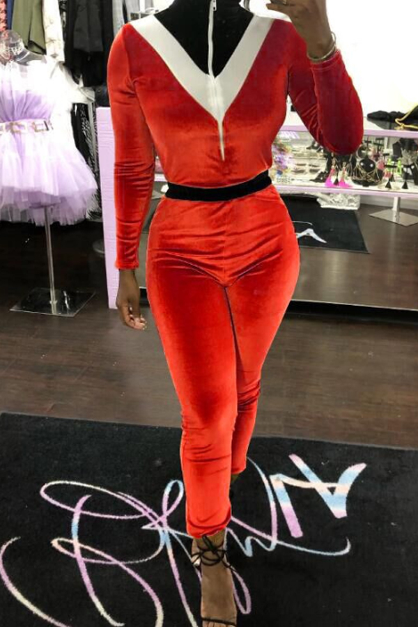 

Lovely Sexy Patchwork Red One-piece Jumpsuit