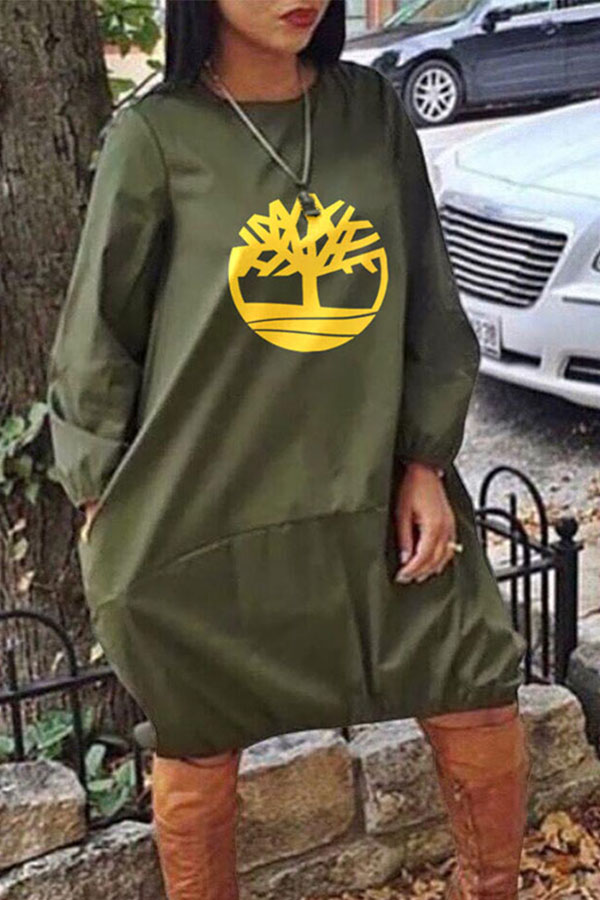 

Lovely Casual Print Loose Green Knee Length Dress