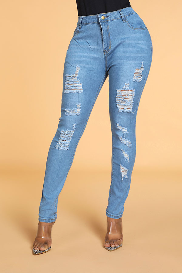 

Lovely Leisure Broken Holes Blue Jeans