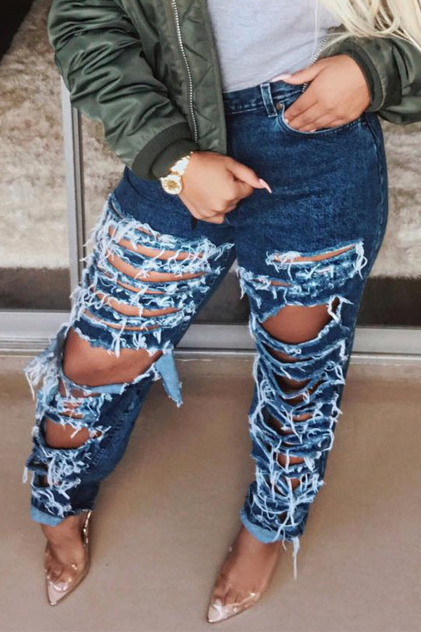 

Lovely Chic Broken Holes Deep Blue Jeans