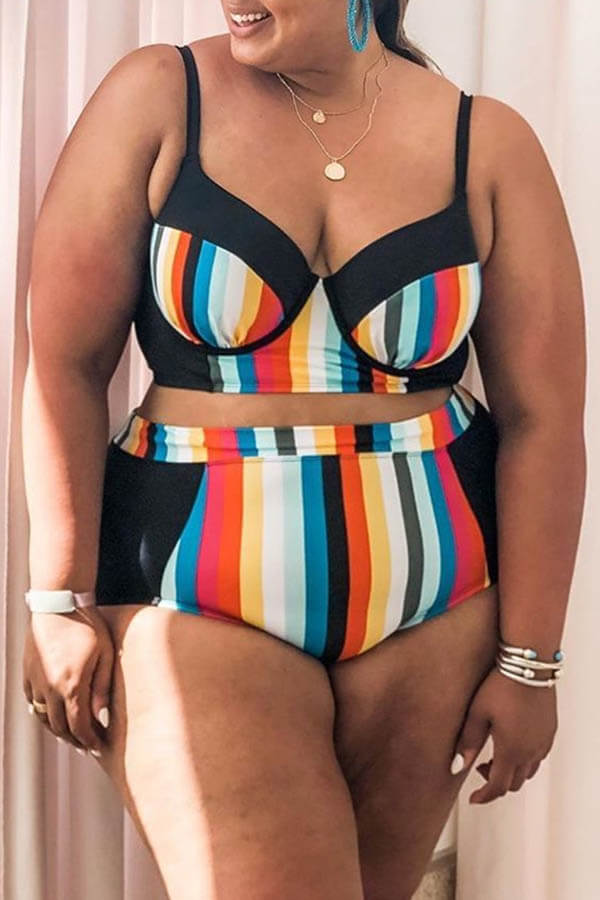 

Lovely Plus Size Bohemian Striped Multicolor Two-piece Swimwear, Multicolor mstn