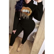 Lovely Leisure Hooded Collar Lip Black Two-piece P