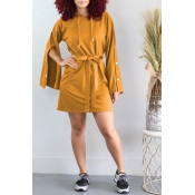 Lovely Leisure Hooded Collar Buttons Design Yellow