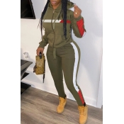 Lovely Trendy Hooded Collar Patchwork Army Green T