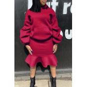 Lovely Casual Hooded Collar Flounce Red Two-piece 