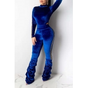 Lovely Trendy Ruffle Design Blue Two-piece Pants S