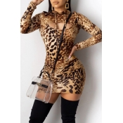 Lovely Casual Hooded Collar Leopard Printed Mini D