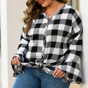 Lovely Casual Plaid Printed Black Plus Size Blouse