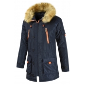 Lovely Casual Pockets Design Navy Blue Cotton-padd