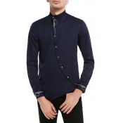 Lovely Casual Mandarin Collar Navy Blue Shirt