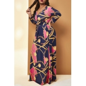 Lovely Casual V Neck Printed Rose Red Floor Length