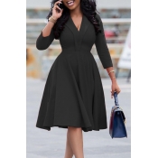 Lovely Leisure V Neck Black Knee Length Dress