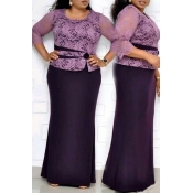 Lovely Casual Patchwork Purple Floor Length Plus S