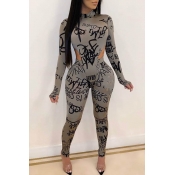 Lovely Chic Letter Printed Skinny Grey Two-piece P