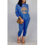 Lovely Casual O Neck Printed Blue Two-piece Pants 