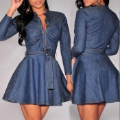 Lovely Casual Buttons Design Blue Mini Dress
