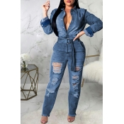 Lovely Casual Broken Holes Blue One-piece Jumpsuit