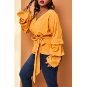 Lovely Casual Lace-up Yellow Plus Size Blouse