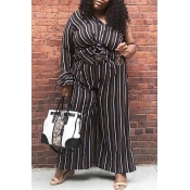 Lovely Casual Striped Loose Black Plus Size Two-pi